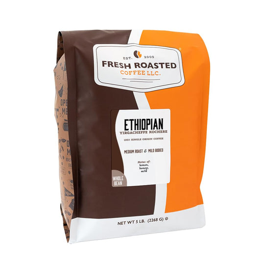 Fresh Roasted Coffee, Ethiopian Yirgacheffe Kochere Whole Bean Coffee, Medium Roast, Kosher, 5 lb (80 oz)