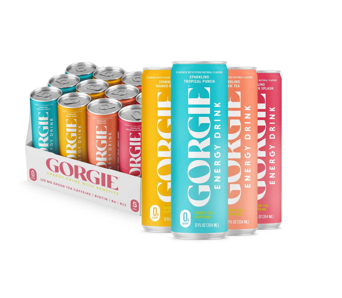 GORGIE Tropical Punch Sugar Free Energy Drink, Green Tea, 12 Pack | 150mg Green Tea Caffeine, Biotin, B6 & B12 Vitamins, L-Theanine, Low Calories, Vegan, Sparkling, Coffee Replacement