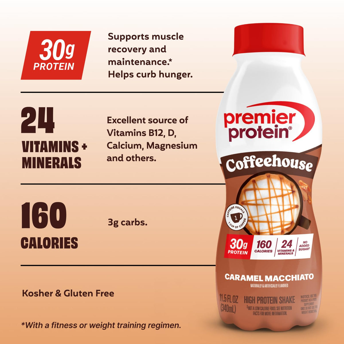 Premier Protein COFFEEHOUSE 30g Protein Shake, Mocha, 12 Pack | Caffeinated Energy Beverage, 160 Calories, 24 Vitamins & Minerals, No Added Sugar, Muscle Support, Gluten-Free, 11.5 oz