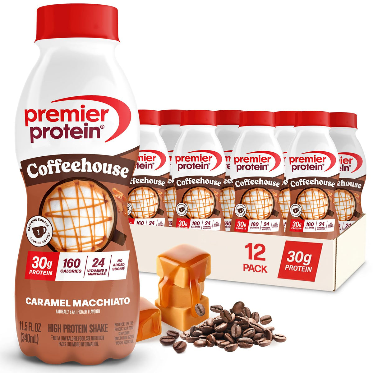 Premier Protein COFFEEHOUSE 30g Protein Shake, Mocha, 12 Pack | Caffeinated Energy Beverage, 160 Calories, 24 Vitamins & Minerals, No Added Sugar, Muscle Support, Gluten-Free, 11.5 oz