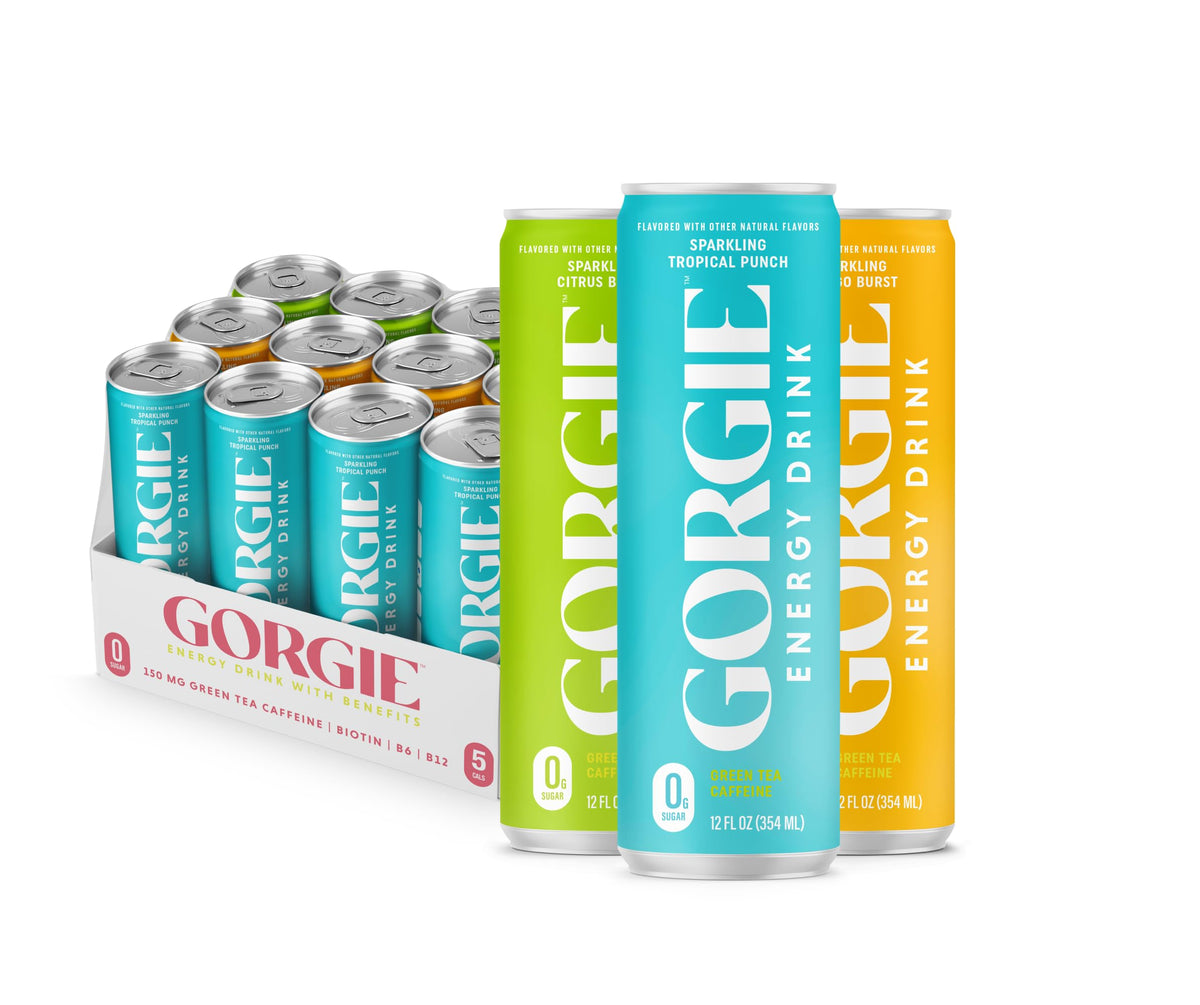 GORGIE Tropical Punch Sugar Free Energy Drink, Green Tea, 12 Pack | 150mg Green Tea Caffeine, Biotin, B6 & B12 Vitamins, L-Theanine, Low Calories, Vegan, Sparkling, Coffee Replacement