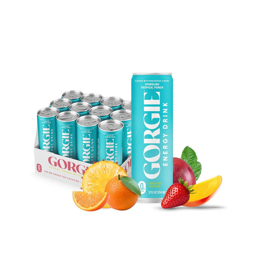 GORGIE Tropical Punch Sugar Free Energy Drink, Green Tea, 12 Pack | 150mg Green Tea Caffeine, Biotin, B6 & B12 Vitamins, L-Theanine, Low Calories, Vegan, Sparkling, Coffee Replacement