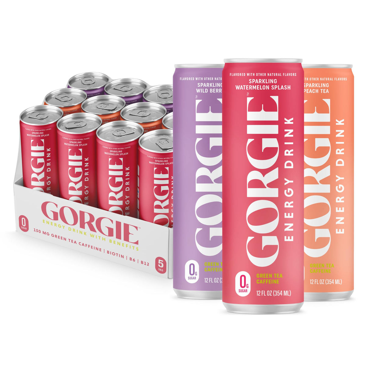 GORGIE Tropical Punch Sugar Free Energy Drink, Green Tea, 12 Pack | 150mg Green Tea Caffeine, Biotin, B6 & B12 Vitamins, L-Theanine, Low Calories, Vegan, Sparkling, Coffee Replacement