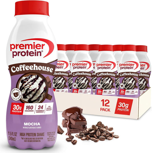 Premier Protein COFFEEHOUSE 30g Protein Shake, Mocha, 12 Pack | Caffeinated Energy Beverage, 160 Calories, 24 Vitamins & Minerals, No Added Sugar, Muscle Support, Gluten-Free, 11.5 oz