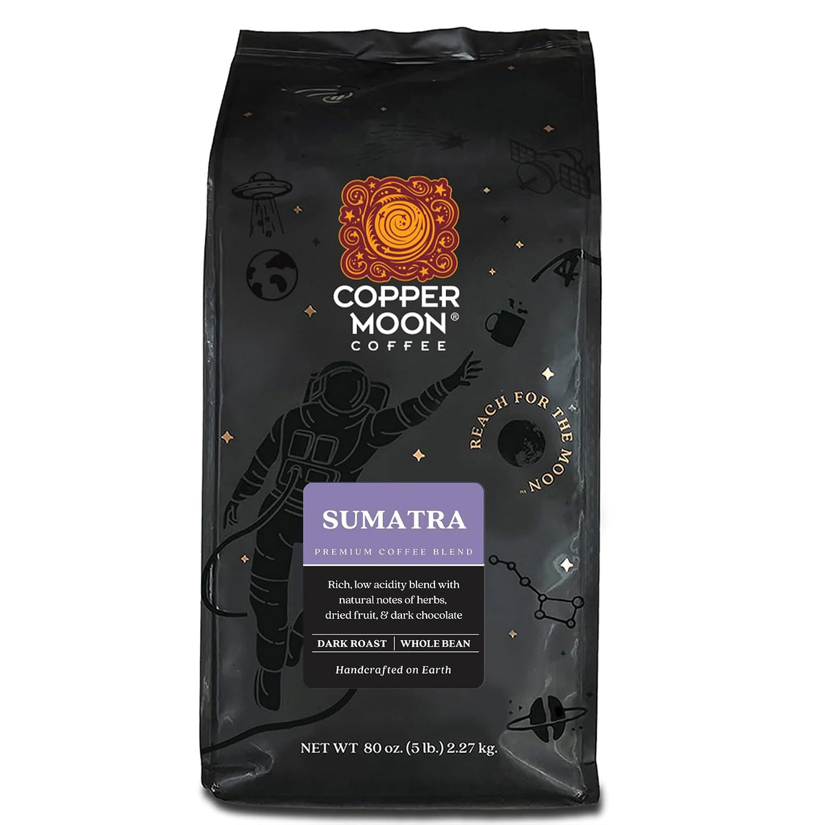 Copper Moon Whole Bean Coffee, Dark Roast, Sumatra Blend, 5 Lb