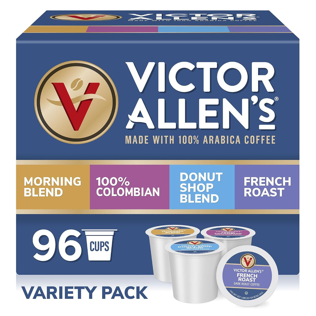 Victor Allen's Coffee Donut Shop, Morning Blend, 100% Colombian, and French Roast Variety Pack for K-Cup, Keurig 2.0 Brewers, 96 Count Single Serve Coffee Pods