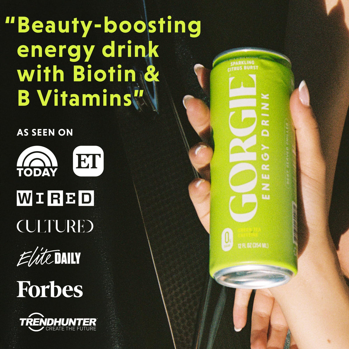 GORGIE Tropical Punch Sugar Free Energy Drink, Green Tea, 12 Pack | 150mg Green Tea Caffeine, Biotin, B6 & B12 Vitamins, L-Theanine, Low Calories, Vegan, Sparkling, Coffee Replacement
