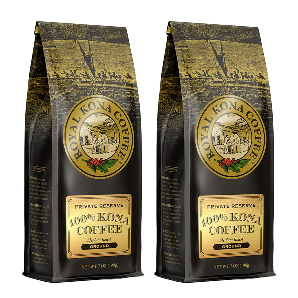 ROYAL KONA COFFEE Ground - 100% Hawaiian Kona Coffee, Private Reserve, Medium Roast, (Pack of 2)