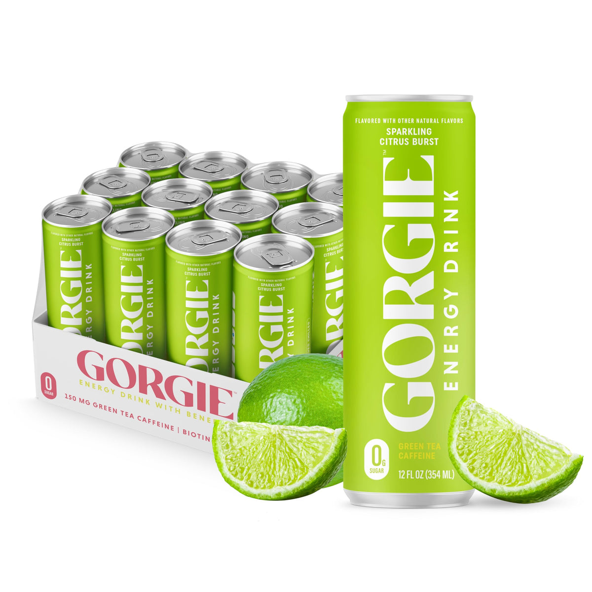 GORGIE Tropical Punch Sugar Free Energy Drink, Green Tea, 12 Pack | 150mg Green Tea Caffeine, Biotin, B6 & B12 Vitamins, L-Theanine, Low Calories, Vegan, Sparkling, Coffee Replacement