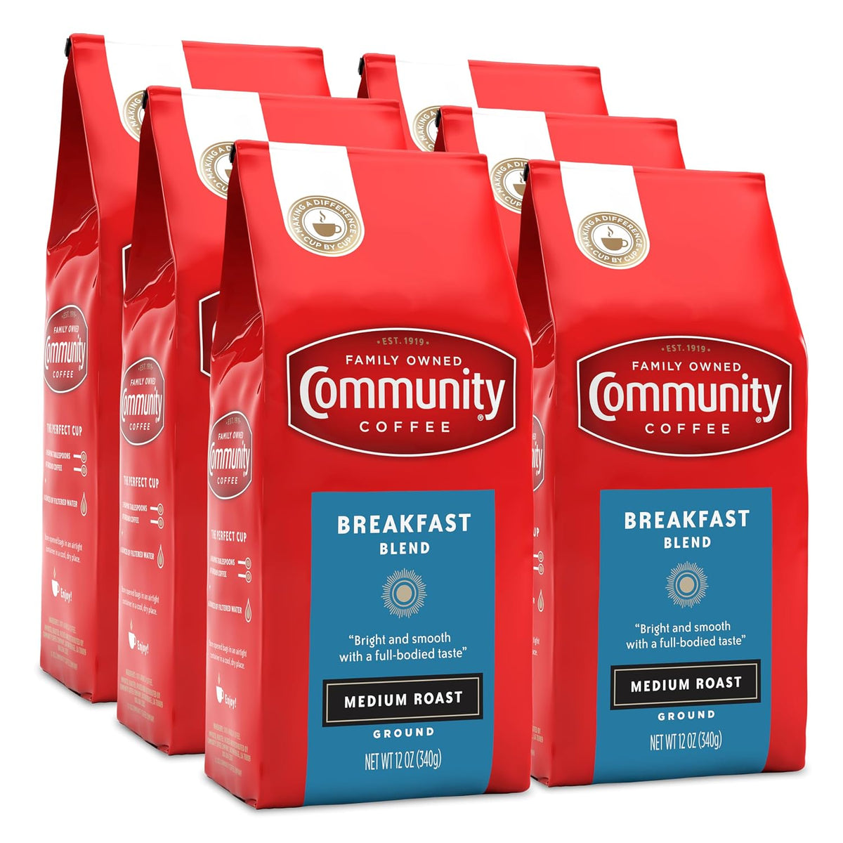 Community Coffee Breakfast Blend 72 Ounces Ground Coffee, Medium Roast, 12 Ounce Bag (Pack of 6)