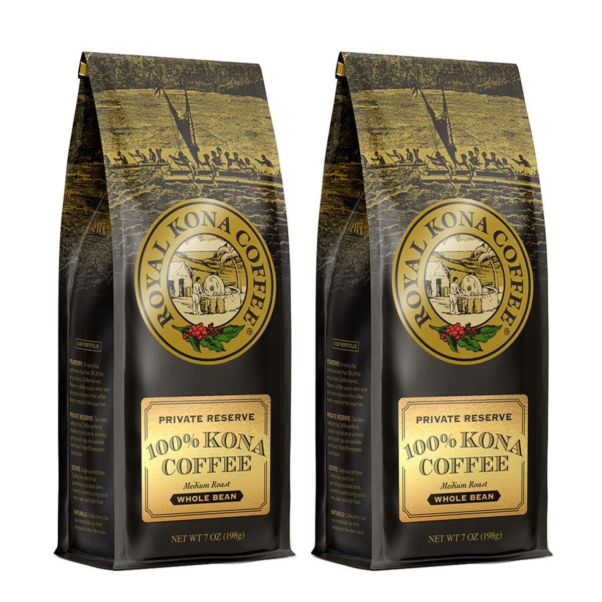 ROYAL KONA COFFEE Ground - 100% Hawaiian Kona Coffee, Private Reserve, Medium Roast, (Pack of 2)