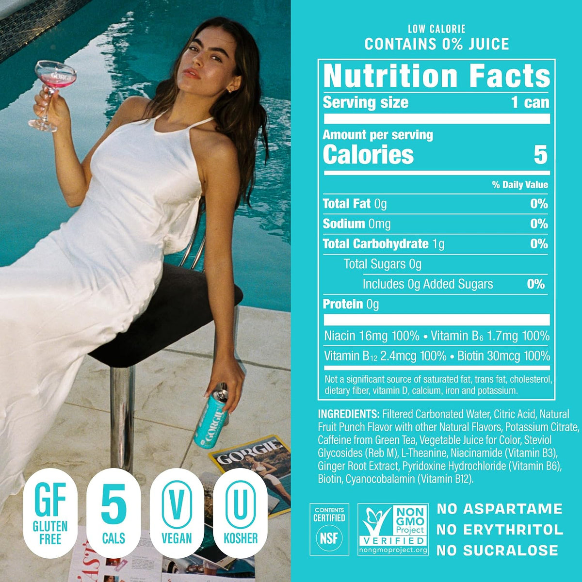 GORGIE Tropical Punch Sugar Free Energy Drink, Green Tea, 12 Pack | 150mg Green Tea Caffeine, Biotin, B6 & B12 Vitamins, L-Theanine, Low Calories, Vegan, Sparkling, Coffee Replacement