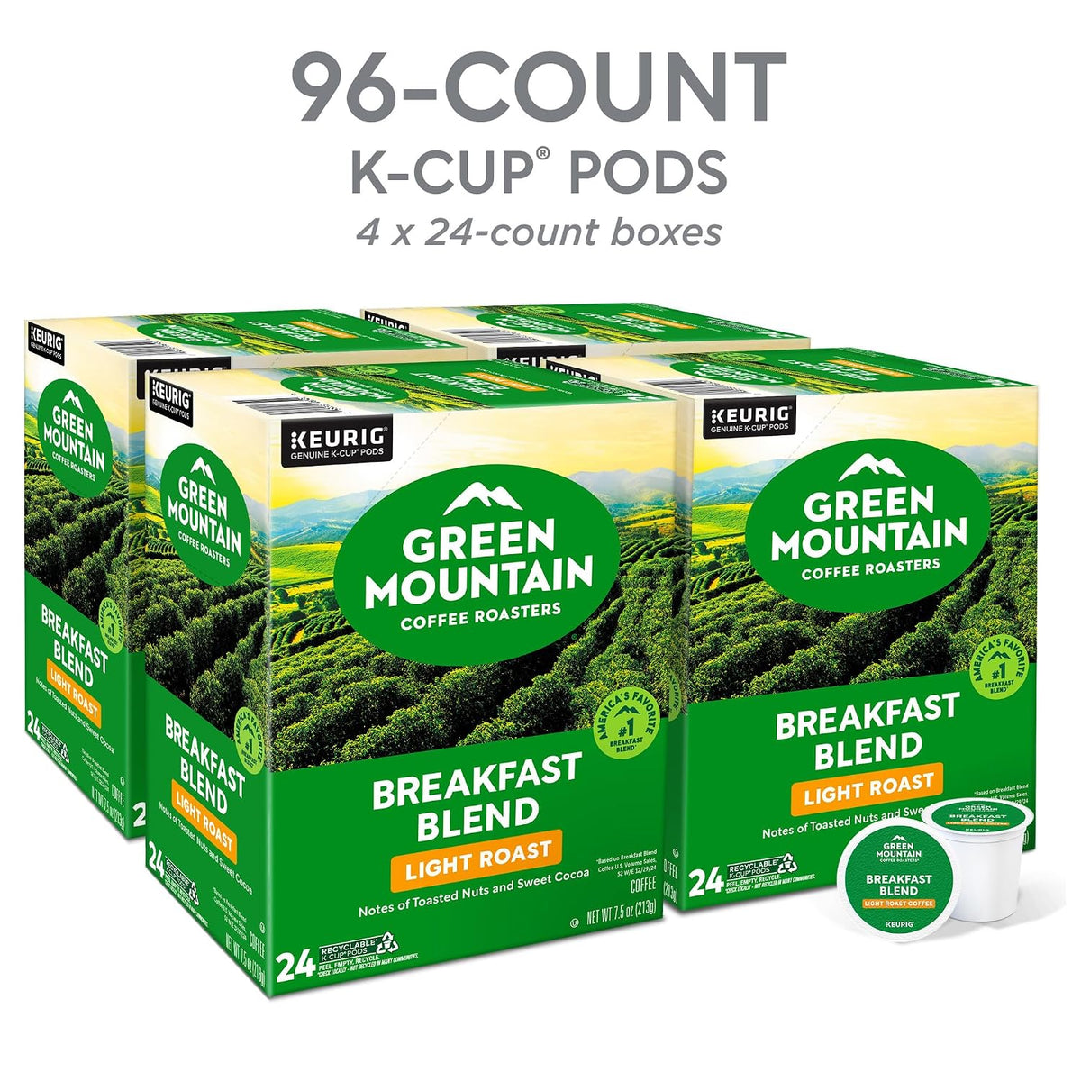 Green Mountain Breakfast Blend Coffee, K-Cup Pods, 96 Count