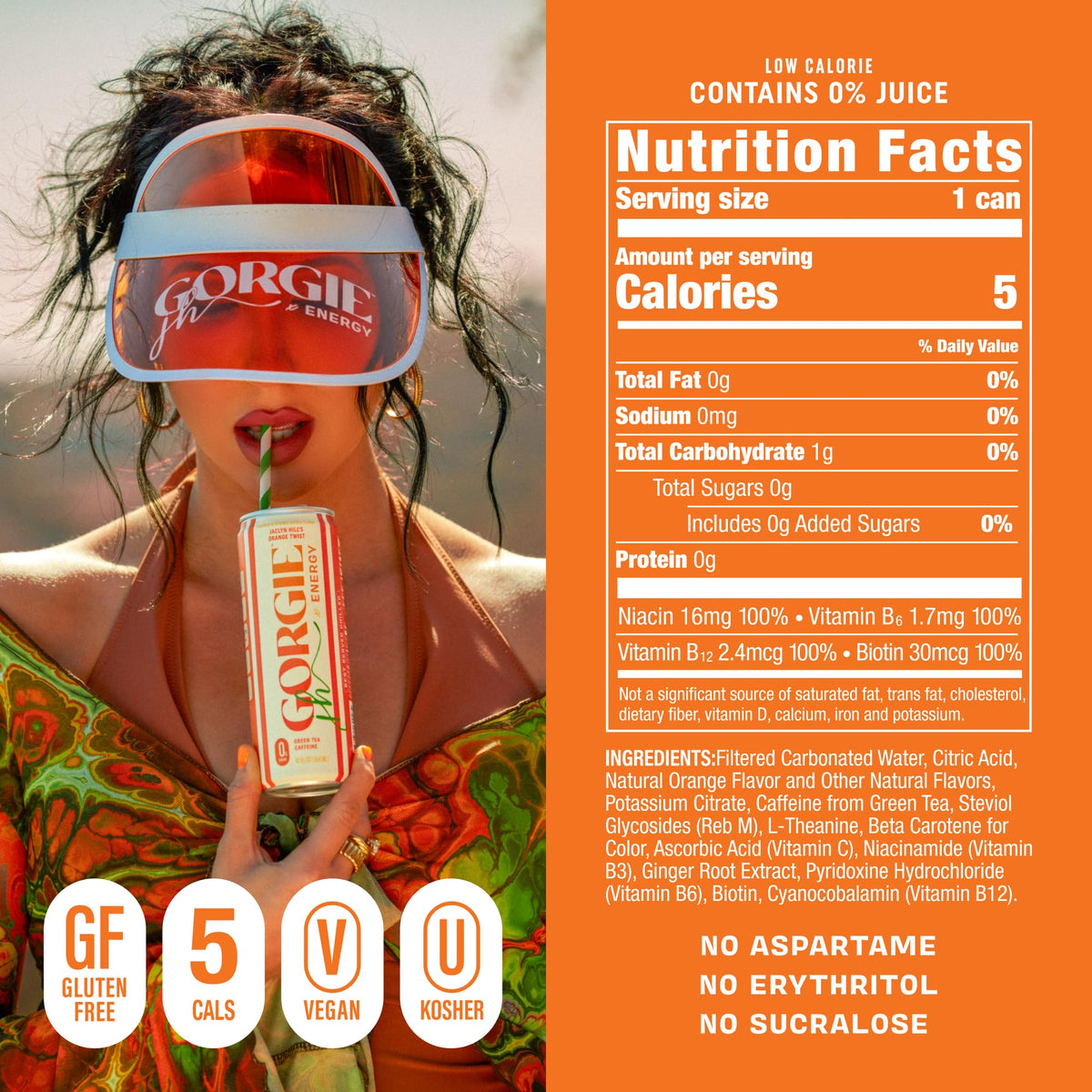 GORGIE Tropical Punch Sugar Free Energy Drink, Green Tea, 12 Pack | 150mg Green Tea Caffeine, Biotin, B6 & B12 Vitamins, L-Theanine, Low Calories, Vegan, Sparkling, Coffee Replacement