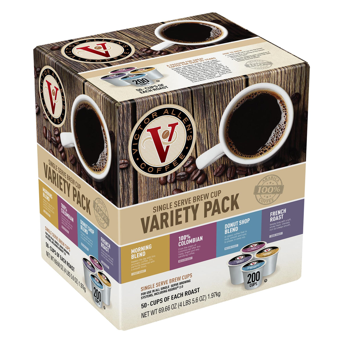 Victor Allen's Coffee Donut Shop, Morning Blend, 100% Colombian, and French Roast Variety Pack for K-Cup, Keurig 2.0 Brewers, 96 Count Single Serve Coffee Pods